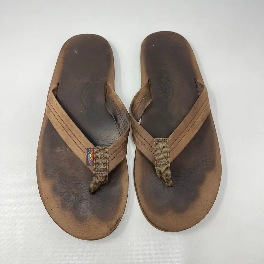 Rainbow Brown Leather Sandals Flip Flops Men’s Size XL 11-12 Preowned